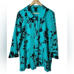 Ali Miles Asian Floral Tunic Top Women MED Lagenlook Artsy Chopstick Buttons